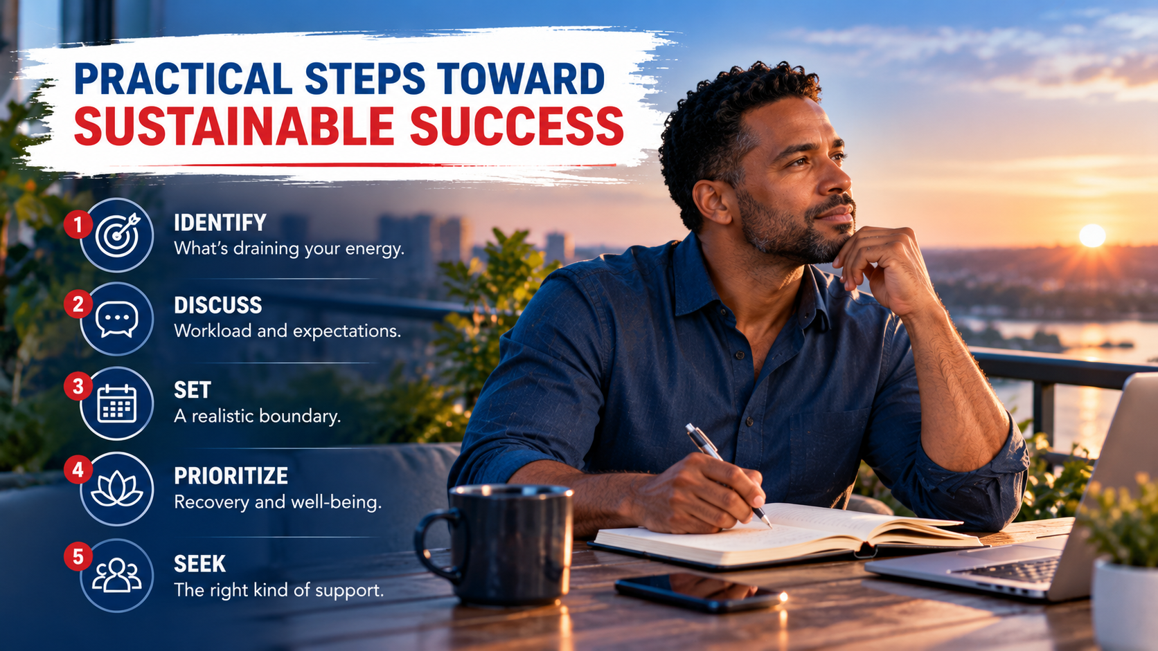Infographic showing five practical steps toward sustainable success, including boundaries, recovery, and seeking support.