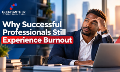 Professional seated at a desk with the headline Why Successful Professionals Still Experience Burnout and Glen Smith Jr. branding.
